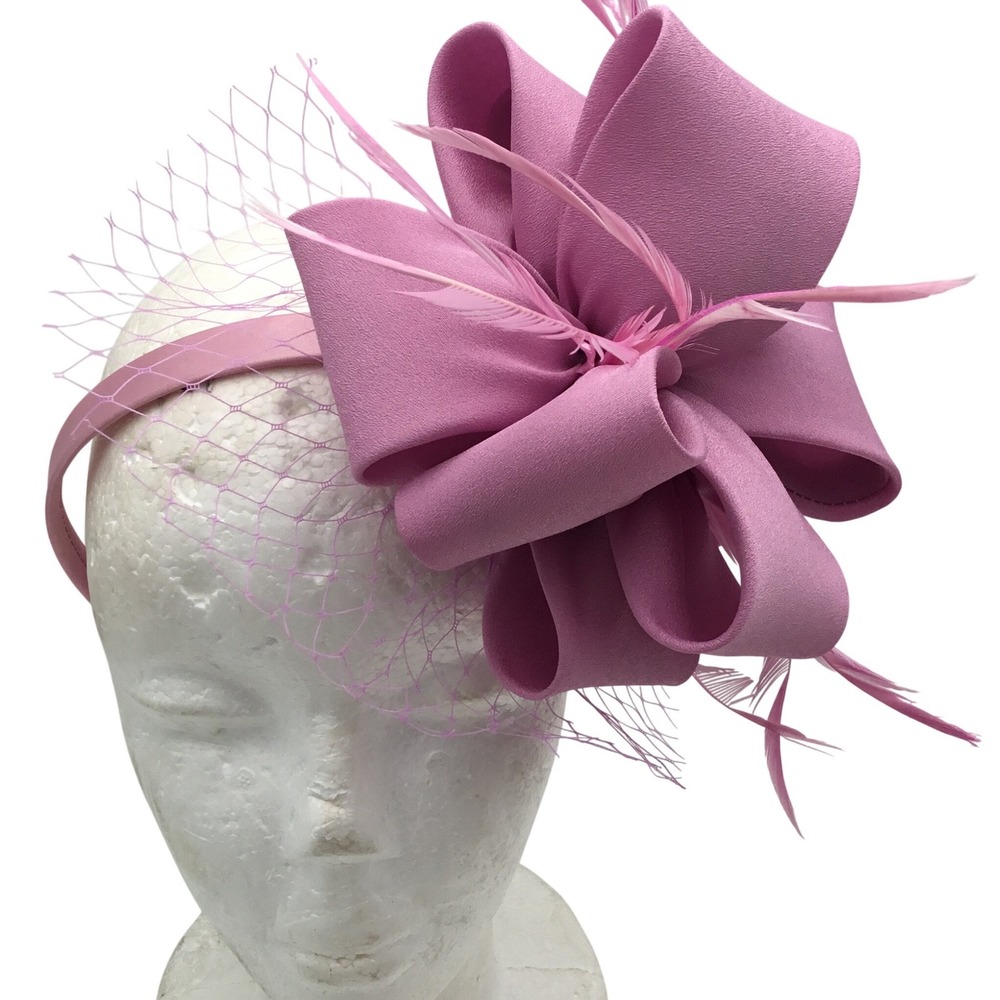 Mauve Pink Fascinator Headband‎ with Bow Feathers and Birdcage Veil Wedding Hat